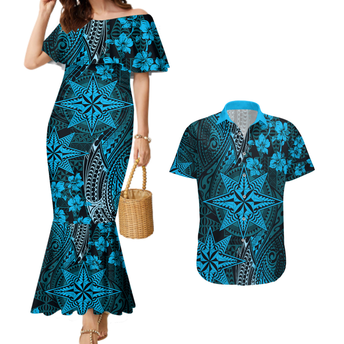 Vintage Tonga Tribal Ngatu Pattern Couples Matching Mermaid Dress and Hawaiian Shirt With Pacific Floral Aqua Art LT9 Aqua - Polynesian Pride