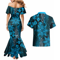 Vintage Tonga Tribal Ngatu Pattern Couples Matching Mermaid Dress and Hawaiian Shirt With Pacific Floral Aqua Art LT9 - Polynesian Pride