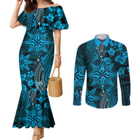 Vintage Tonga Tribal Ngatu Pattern Couples Matching Mermaid Dress and Long Sleeve Button Shirt With Pacific Floral Aqua Art LT9 Aqua - Polynesian Pride