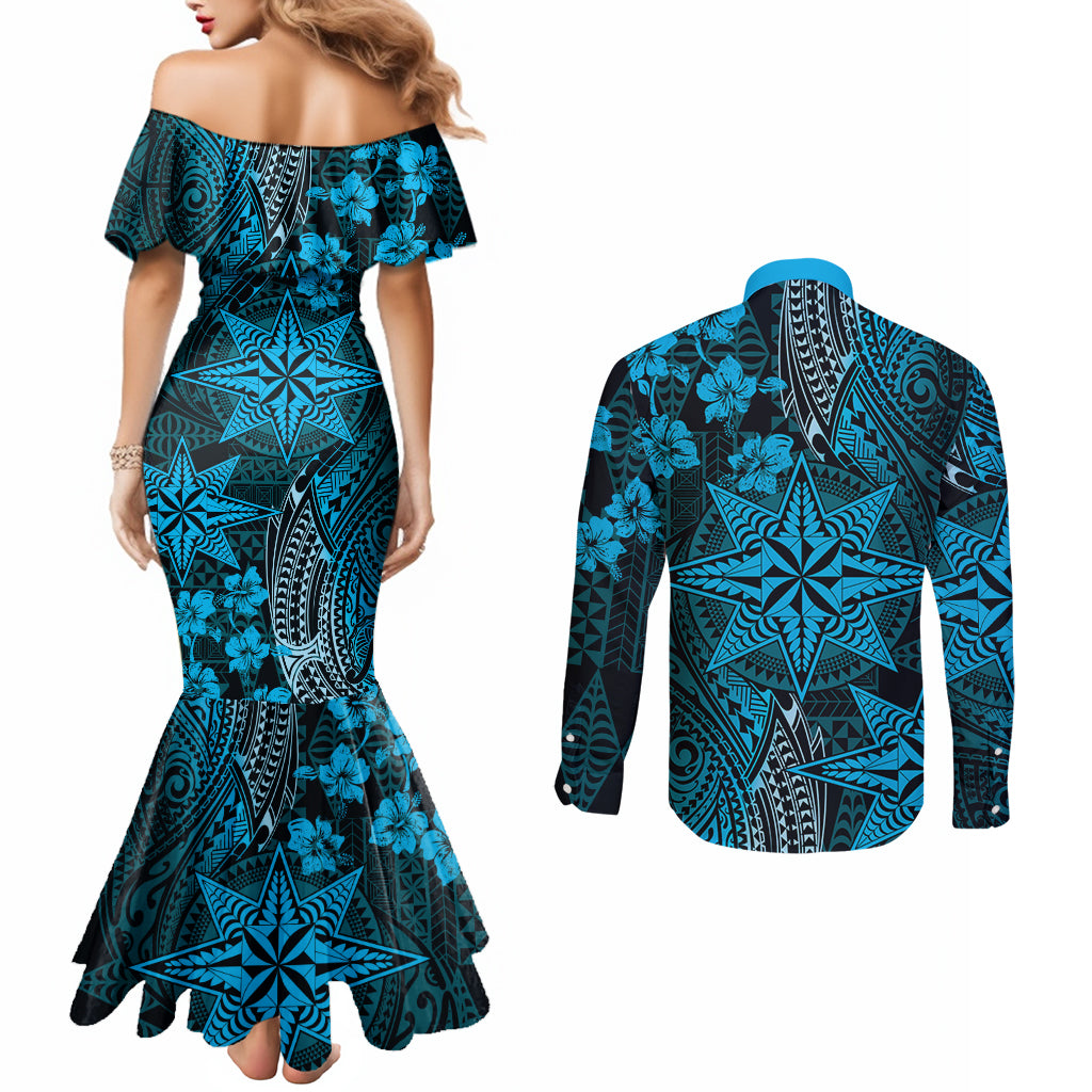 Vintage Tonga Tribal Ngatu Pattern Couples Matching Mermaid Dress and Long Sleeve Button Shirt With Pacific Floral Aqua Art LT9 - Polynesian Pride