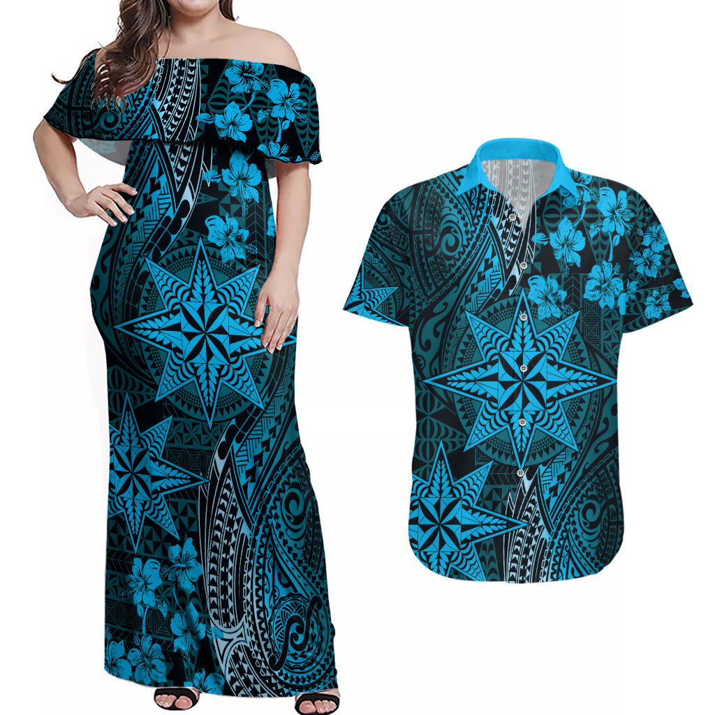 Vintage Tonga Tribal Ngatu Pattern Couples Matching Off Shoulder Maxi Dress and Hawaiian Shirt With Pacific Floral Aqua Art LT9 Aqua - Polynesian Pride