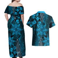 Vintage Tonga Tribal Ngatu Pattern Couples Matching Off Shoulder Maxi Dress and Hawaiian Shirt With Pacific Floral Aqua Art LT9 - Polynesian Pride