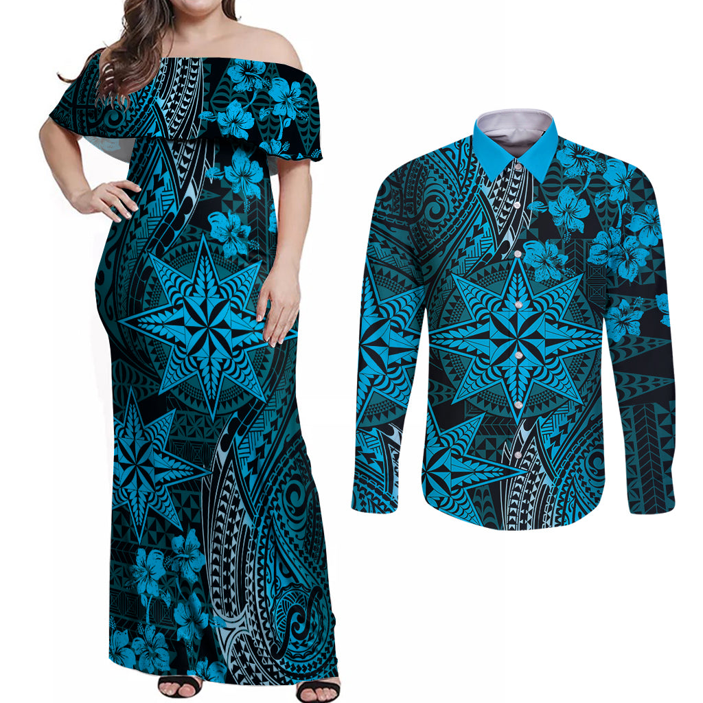 Vintage Tonga Tribal Ngatu Pattern Couples Matching Off Shoulder Maxi Dress and Long Sleeve Button Shirt With Pacific Floral Aqua Art LT9 Aqua - Polynesian Pride