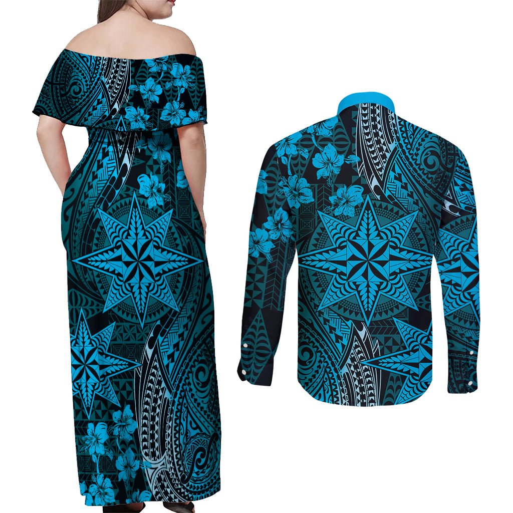 Vintage Tonga Tribal Ngatu Pattern Couples Matching Off Shoulder Maxi Dress and Long Sleeve Button Shirt With Pacific Floral Aqua Art LT9 - Polynesian Pride