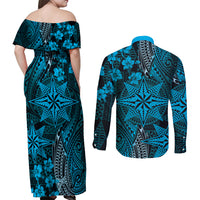 Vintage Tonga Tribal Ngatu Pattern Couples Matching Off Shoulder Maxi Dress and Long Sleeve Button Shirt With Pacific Floral Aqua Art LT9 - Polynesian Pride