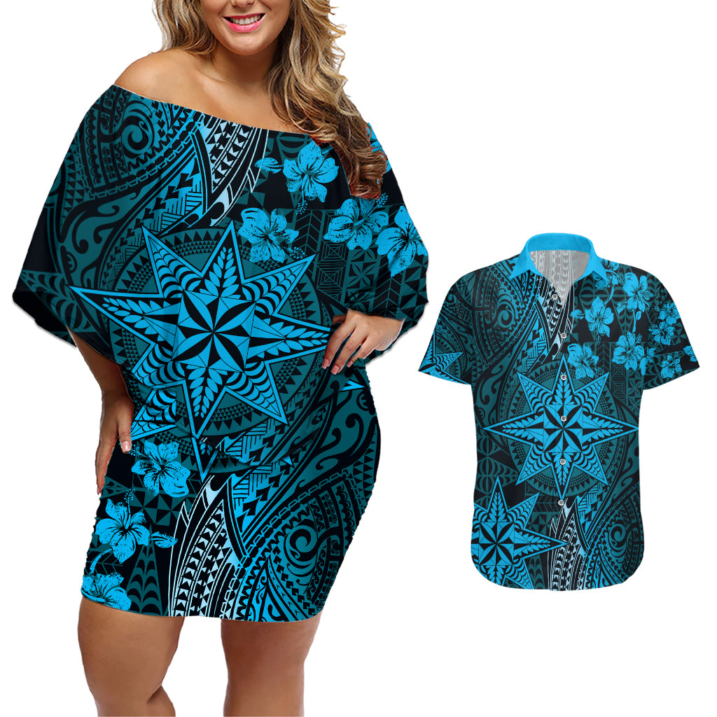 Vintage Tonga Tribal Ngatu Pattern Couples Matching Off Shoulder Short Dress and Hawaiian Shirt With Pacific Floral Aqua Art LT9 Aqua - Polynesian Pride