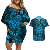 Vintage Tonga Tribal Ngatu Pattern Couples Matching Off Shoulder Short Dress and Hawaiian Shirt With Pacific Floral Aqua Art LT9 Aqua - Polynesian Pride