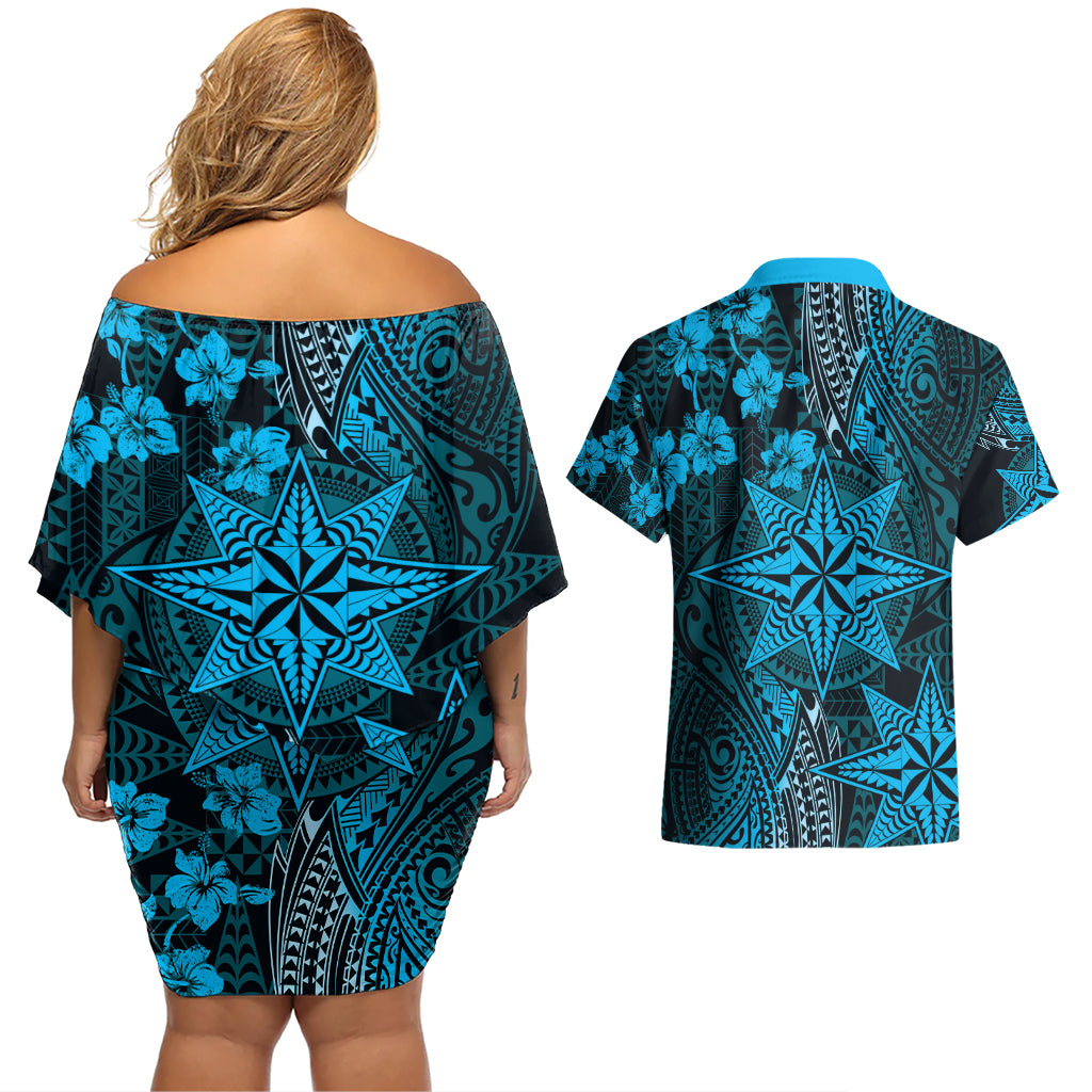 Vintage Tonga Tribal Ngatu Pattern Couples Matching Off Shoulder Short Dress and Hawaiian Shirt With Pacific Floral Aqua Art LT9 - Polynesian Pride