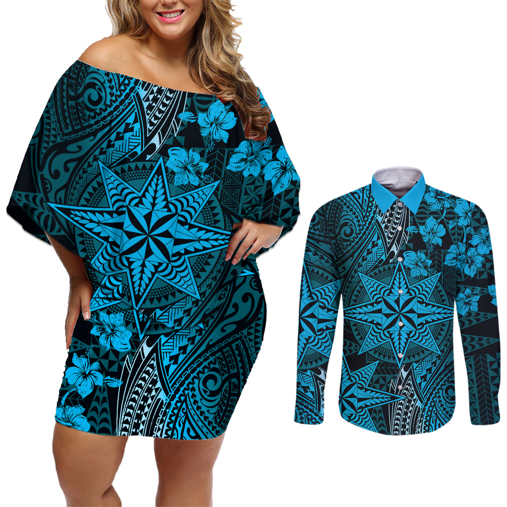 Vintage Tonga Tribal Ngatu Pattern Couples Matching Off Shoulder Short Dress and Long Sleeve Button Shirt With Pacific Floral Aqua Art LT9 Aqua - Polynesian Pride