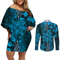 Vintage Tonga Tribal Ngatu Pattern Couples Matching Off Shoulder Short Dress and Long Sleeve Button Shirt With Pacific Floral Aqua Art LT9 Aqua - Polynesian Pride