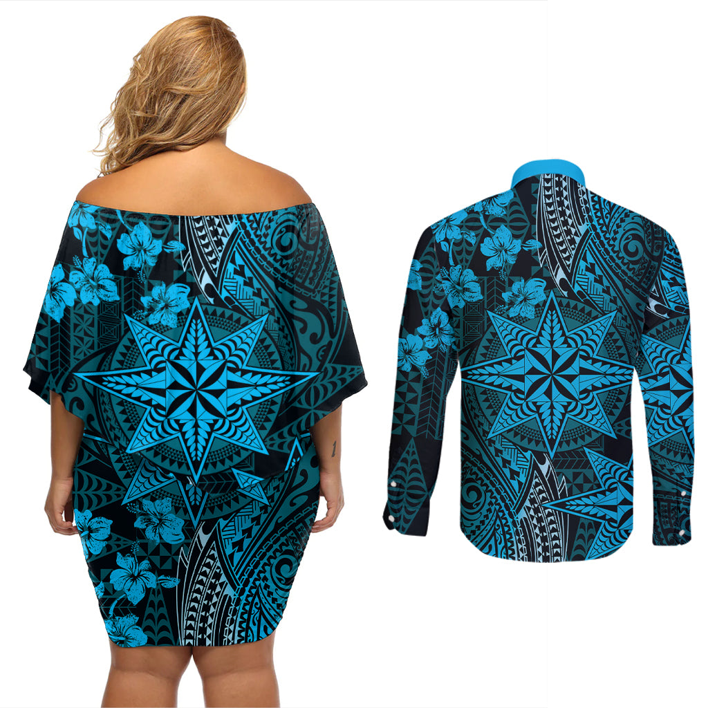 Vintage Tonga Tribal Ngatu Pattern Couples Matching Off Shoulder Short Dress and Long Sleeve Button Shirt With Pacific Floral Aqua Art LT9 - Polynesian Pride