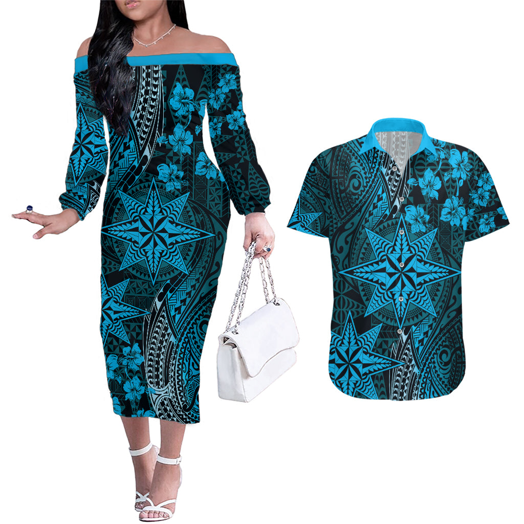 Vintage Tonga Tribal Ngatu Pattern Couples Matching Off The Shoulder Long Sleeve Dress and Hawaiian Shirt With Pacific Floral Aqua Art LT9 Aqua - Polynesian Pride