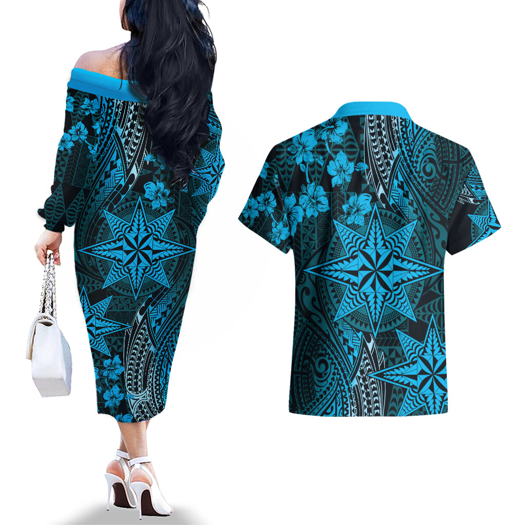 Vintage Tonga Tribal Ngatu Pattern Couples Matching Off The Shoulder Long Sleeve Dress and Hawaiian Shirt With Pacific Floral Aqua Art LT9 - Polynesian Pride