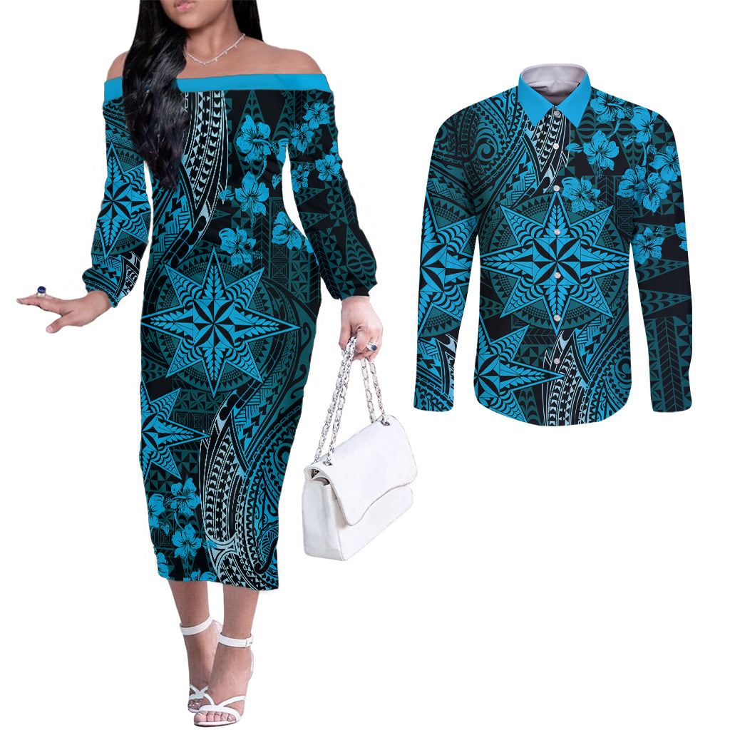 Vintage Tonga Tribal Ngatu Pattern Couples Matching Off The Shoulder Long Sleeve Dress and Long Sleeve Button Shirt With Pacific Floral Aqua Art LT9 Aqua - Polynesian Pride
