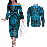 Vintage Tonga Tribal Ngatu Pattern Couples Matching Off The Shoulder Long Sleeve Dress and Long Sleeve Button Shirt With Pacific Floral Aqua Art LT9 Aqua - Polynesian Pride
