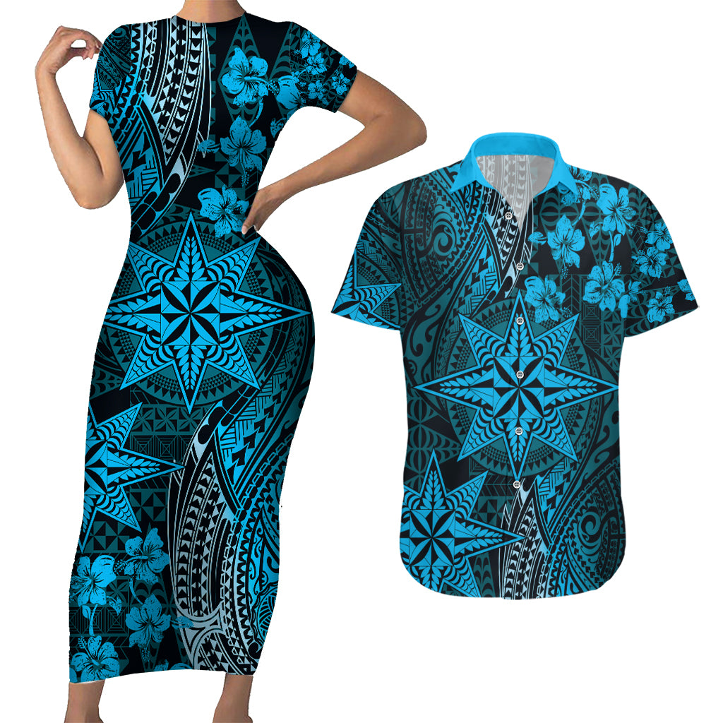 Vintage Tonga Tribal Ngatu Pattern Couples Matching Short Sleeve Bodycon Dress and Hawaiian Shirt With Pacific Floral Aqua Art LT9 Aqua - Polynesian Pride