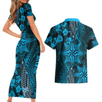 Vintage Tonga Tribal Ngatu Pattern Couples Matching Short Sleeve Bodycon Dress and Hawaiian Shirt With Pacific Floral Aqua Art LT9 - Polynesian Pride