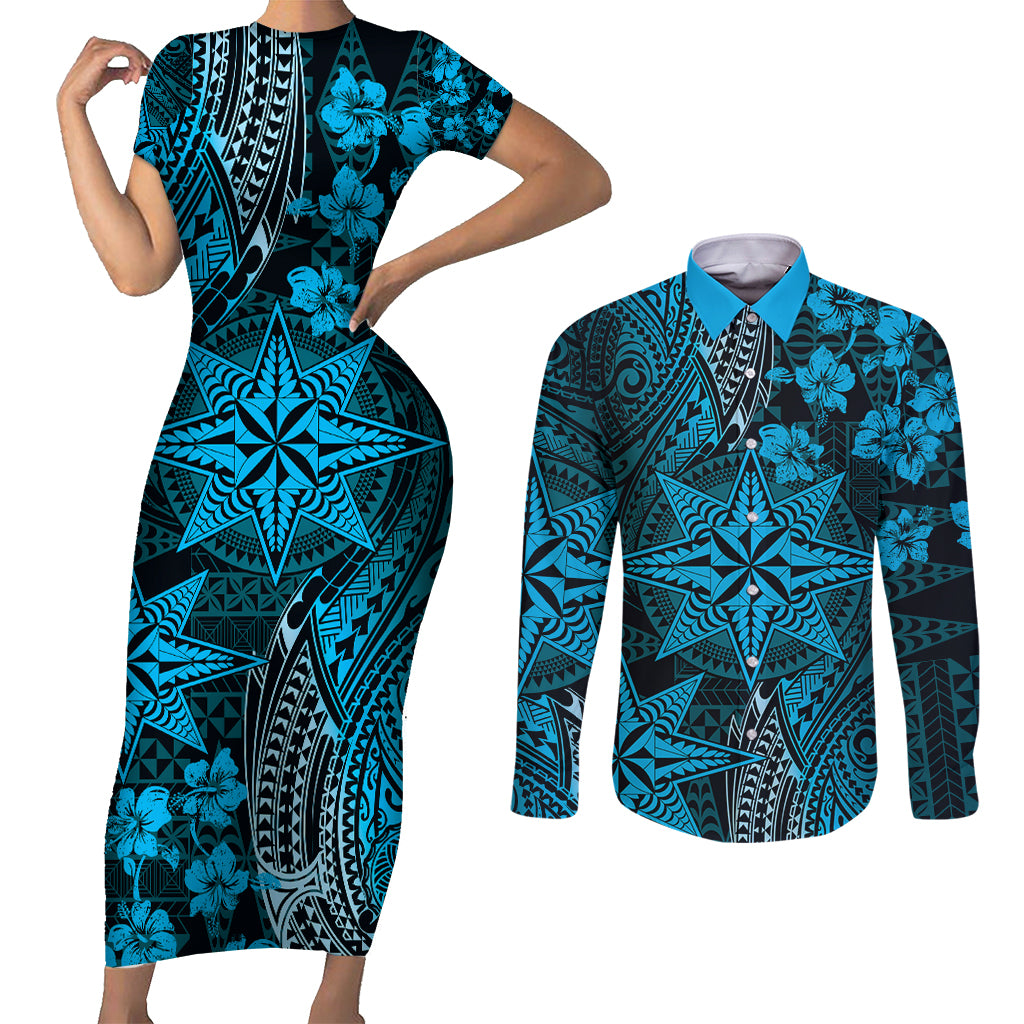Vintage Tonga Tribal Ngatu Pattern Couples Matching Short Sleeve Bodycon Dress and Long Sleeve Button Shirt With Pacific Floral Aqua Art LT9 Aqua - Polynesian Pride