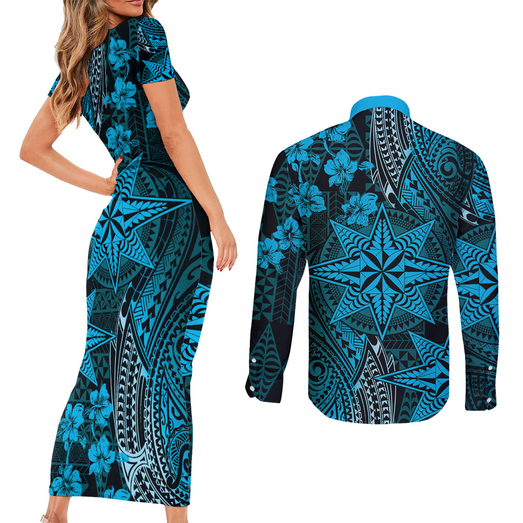 Vintage Tonga Tribal Ngatu Pattern Couples Matching Short Sleeve Bodycon Dress and Long Sleeve Button Shirt With Pacific Floral Aqua Art LT9 - Polynesian Pride