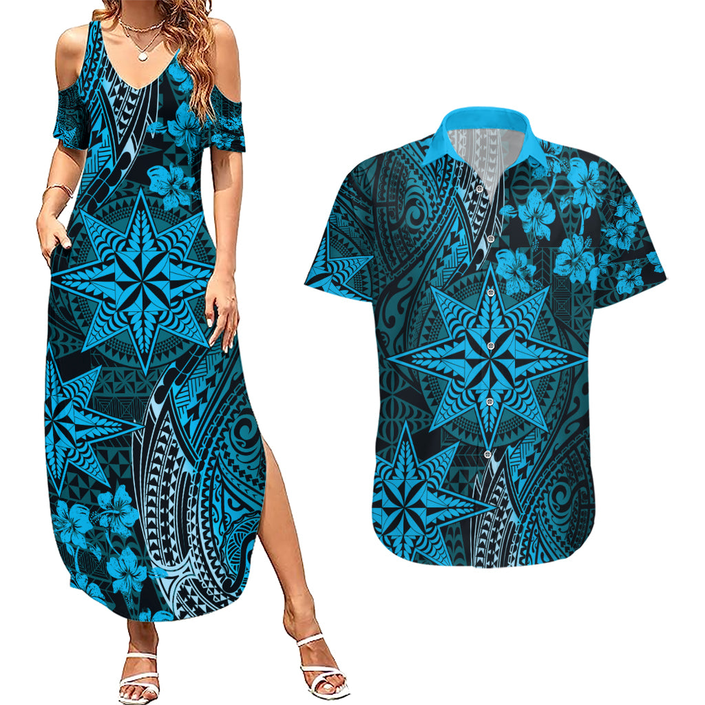 Vintage Tonga Tribal Ngatu Pattern Couples Matching Summer Maxi Dress and Hawaiian Shirt With Pacific Floral Aqua Art LT9 Aqua - Polynesian Pride