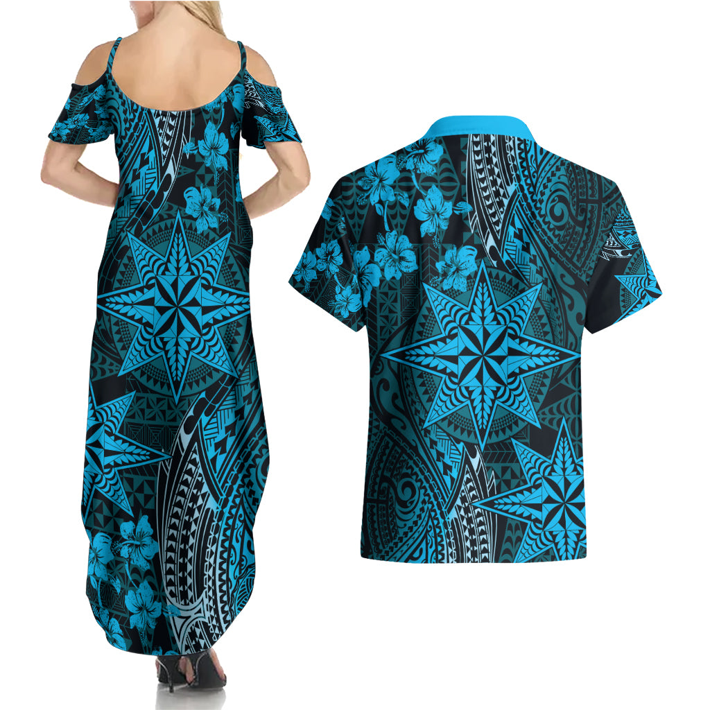 Vintage Tonga Tribal Ngatu Pattern Couples Matching Summer Maxi Dress and Hawaiian Shirt With Pacific Floral Aqua Art LT9 - Polynesian Pride