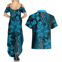 Vintage Tonga Tribal Ngatu Pattern Couples Matching Summer Maxi Dress and Hawaiian Shirt With Pacific Floral Aqua Art LT9 - Polynesian Pride