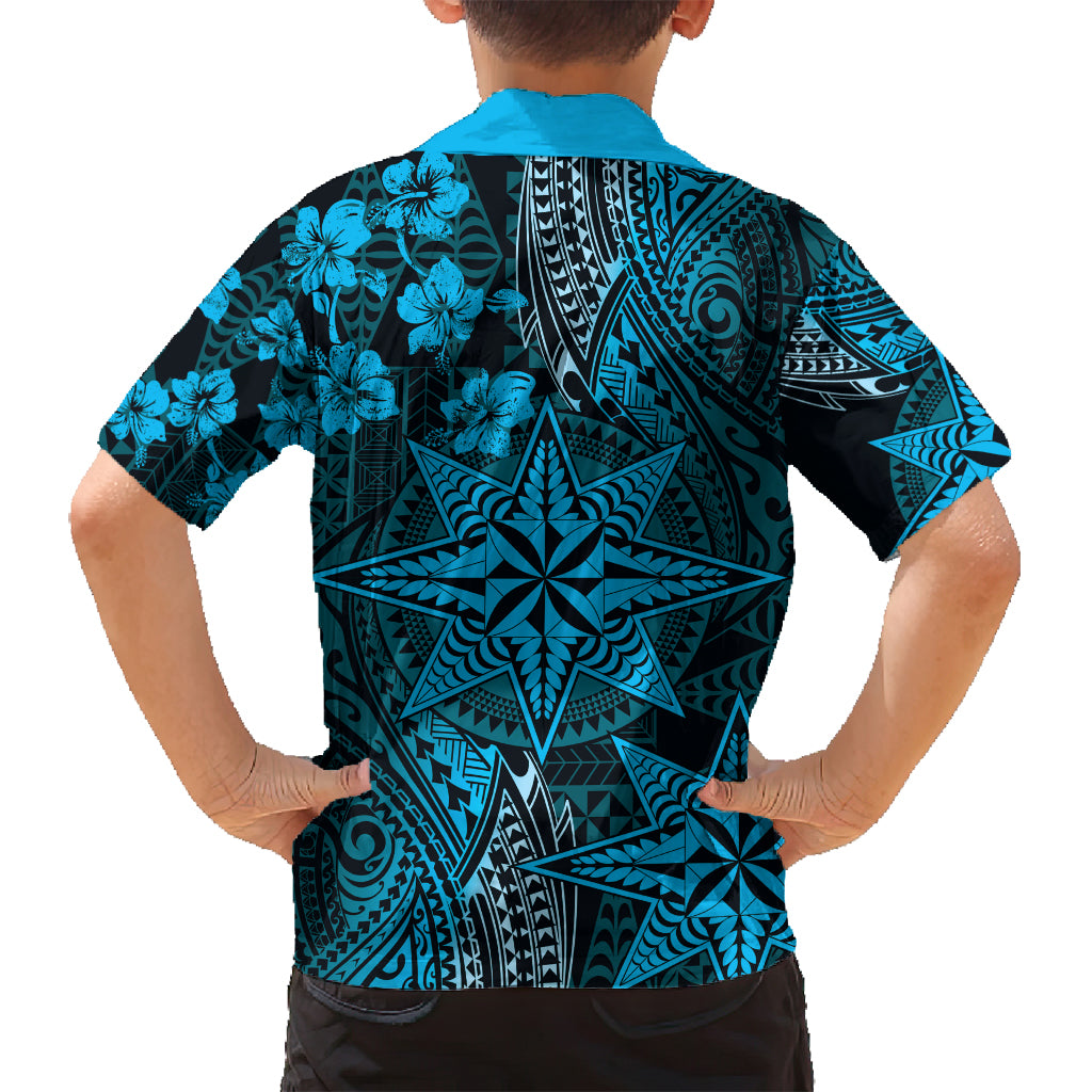 Vintage Tonga Tribal Ngatu Pattern Family Matching Long Sleeve Bodycon Dress and Hawaiian Shirt With Pacific Floral Aqua Art LT9 - Polynesian Pride