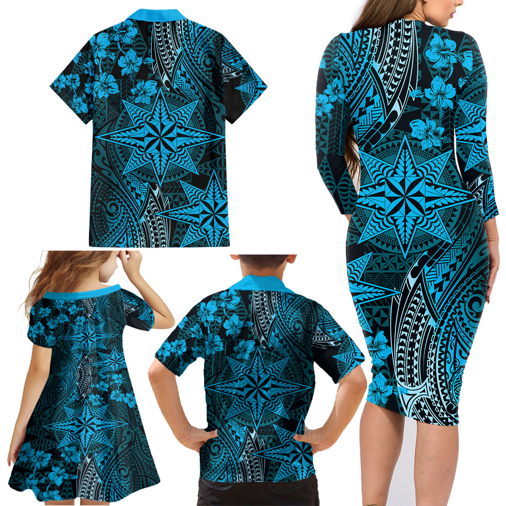 Vintage Tonga Tribal Ngatu Pattern Family Matching Long Sleeve Bodycon Dress and Hawaiian Shirt With Pacific Floral Aqua Art LT9 - Polynesian Pride