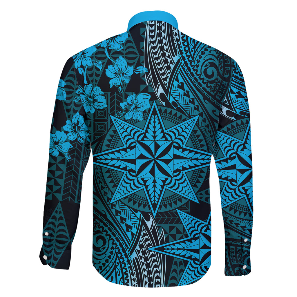 Vintage Tonga Tribal Ngatu Pattern Family Matching Long Sleeve Bodycon Dress and Hawaiian Shirt With Pacific Floral Aqua Art LT9 - Polynesian Pride