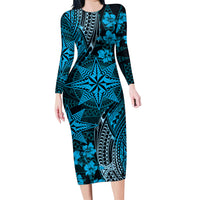 Vintage Tonga Tribal Ngatu Pattern Family Matching Long Sleeve Bodycon Dress and Hawaiian Shirt With Pacific Floral Aqua Art LT9 Mom's Dress Aqua - Polynesian Pride