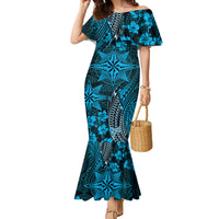 Vintage Tonga Tribal Ngatu Pattern Family Matching Mermaid Dress and Hawaiian Shirt With Pacific Floral Aqua Art LT9 Mom's Dress Aqua - Polynesian Pride