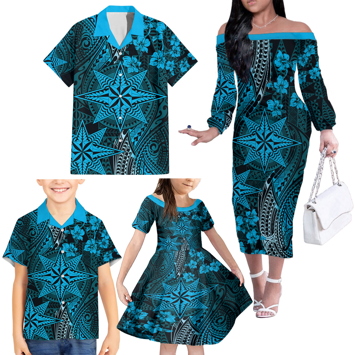 Vintage Tonga Tribal Ngatu Pattern Family Matching Off The Shoulder Long Sleeve Dress and Hawaiian Shirt With Pacific Floral Aqua Art LT9 - Polynesian Pride