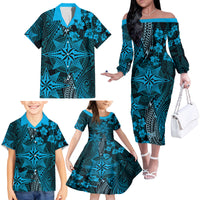 Vintage Tonga Tribal Ngatu Pattern Family Matching Off The Shoulder Long Sleeve Dress and Hawaiian Shirt With Pacific Floral Aqua Art LT9 - Polynesian Pride