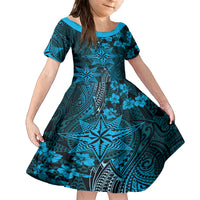Vintage Tonga Tribal Ngatu Pattern Family Matching Off Shoulder Maxi Dress and Hawaiian Shirt With Pacific Floral Aqua Art LT9 Daughter's Dress Aqua - Polynesian Pride
