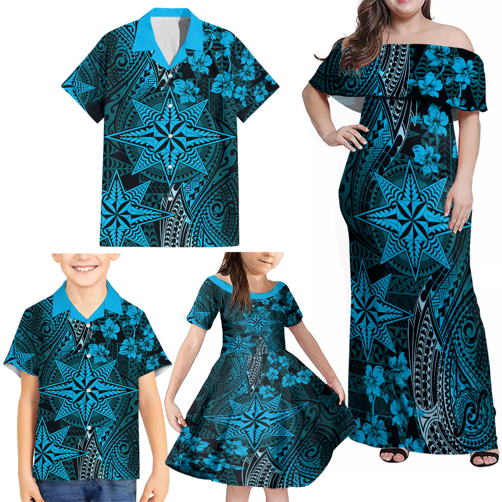 Vintage Tonga Tribal Ngatu Pattern Family Matching Off Shoulder Maxi Dress and Hawaiian Shirt With Pacific Floral Aqua Art LT9 - Polynesian Pride