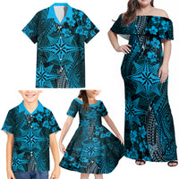 Vintage Tonga Tribal Ngatu Pattern Family Matching Off Shoulder Maxi Dress and Hawaiian Shirt With Pacific Floral Aqua Art LT9 - Polynesian Pride