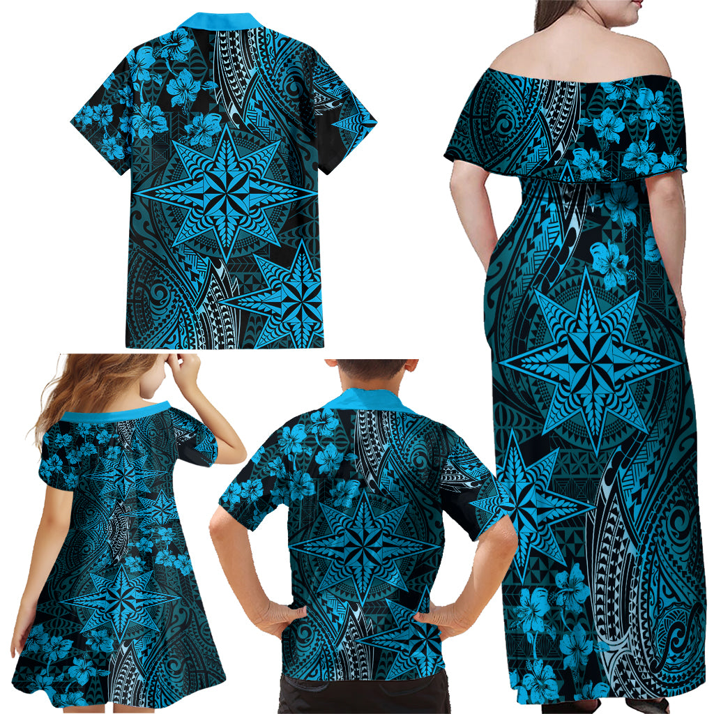 Vintage Tonga Tribal Ngatu Pattern Family Matching Off Shoulder Maxi Dress and Hawaiian Shirt With Pacific Floral Aqua Art LT9 - Polynesian Pride