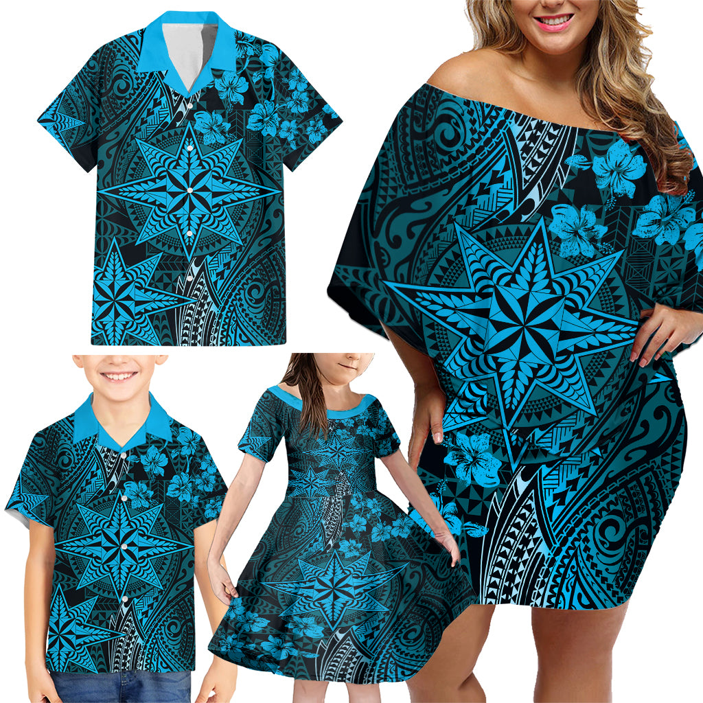 Vintage Tonga Tribal Ngatu Pattern Family Matching Off Shoulder Short Dress and Hawaiian Shirt With Pacific Floral Aqua Art LT9 - Polynesian Pride