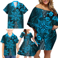 Vintage Tonga Tribal Ngatu Pattern Family Matching Off Shoulder Short Dress and Hawaiian Shirt With Pacific Floral Aqua Art LT9 - Polynesian Pride