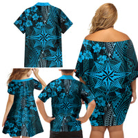 Vintage Tonga Tribal Ngatu Pattern Family Matching Off Shoulder Short Dress and Hawaiian Shirt With Pacific Floral Aqua Art LT9 - Polynesian Pride