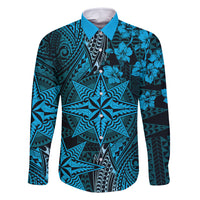 Vintage Tonga Tribal Ngatu Pattern Family Matching Off Shoulder Short Dress and Hawaiian Shirt With Pacific Floral Aqua Art LT9 Dad's Shirt - Long Sleeve Aqua - Polynesian Pride