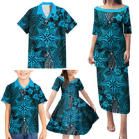 Vintage Tonga Tribal Ngatu Pattern Family Matching Puletasi and Hawaiian Shirt With Pacific Floral Aqua Art LT9 - Polynesian Pride