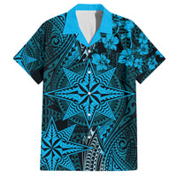 Vintage Tonga Tribal Ngatu Pattern Family Matching Puletasi and Hawaiian Shirt With Pacific Floral Aqua Art LT9 Dad's Shirt - Short Sleeve Aqua - Polynesian Pride