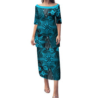 Vintage Tonga Tribal Ngatu Pattern Family Matching Puletasi and Hawaiian Shirt With Pacific Floral Aqua Art LT9 Mom's Dress Aqua - Polynesian Pride