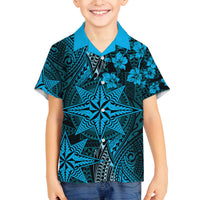 Vintage Tonga Tribal Ngatu Pattern Family Matching Puletasi and Hawaiian Shirt With Pacific Floral Aqua Art LT9 Son's Shirt Aqua - Polynesian Pride
