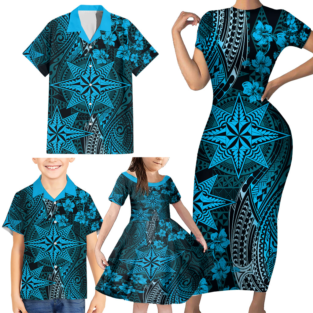 Vintage Tonga Tribal Ngatu Pattern Family Matching Short Sleeve Bodycon Dress and Hawaiian Shirt With Pacific Floral Aqua Art LT9 - Polynesian Pride