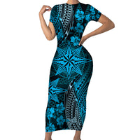 Vintage Tonga Tribal Ngatu Pattern Family Matching Short Sleeve Bodycon Dress and Hawaiian Shirt With Pacific Floral Aqua Art LT9 Mom's Dress Aqua - Polynesian Pride