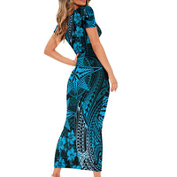 Vintage Tonga Tribal Ngatu Pattern Family Matching Short Sleeve Bodycon Dress and Hawaiian Shirt With Pacific Floral Aqua Art LT9 - Polynesian Pride
