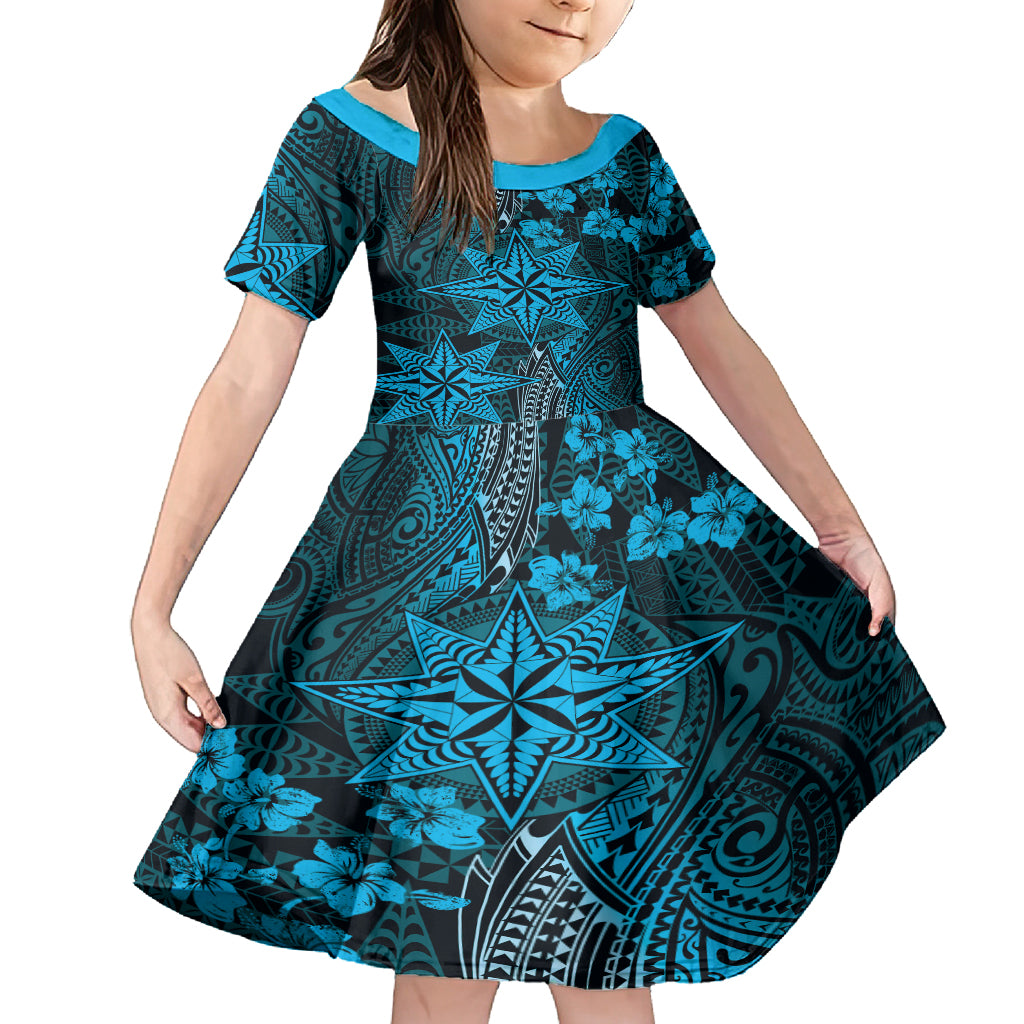 Vintage Tonga Tribal Ngatu Pattern Family Matching Summer Maxi Dress and Hawaiian Shirt With Pacific Floral Aqua Art LT9 Daughter's Dress Aqua - Polynesian Pride