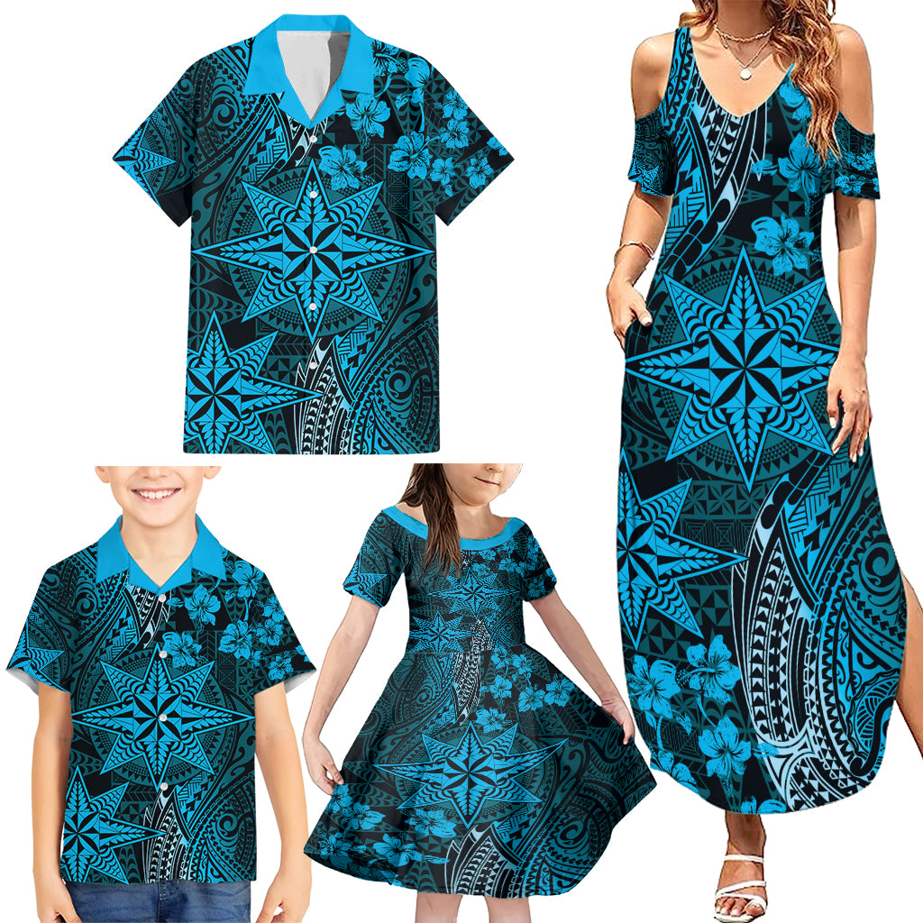 Vintage Tonga Tribal Ngatu Pattern Family Matching Summer Maxi Dress and Hawaiian Shirt With Pacific Floral Aqua Art LT9 - Polynesian Pride